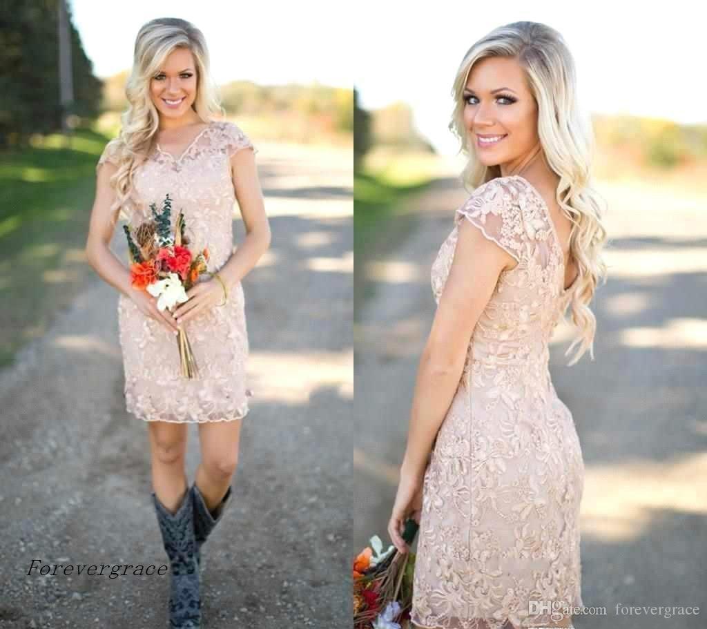 

2019 Cheap Champagne Lace Bridesmaid Dress Sheath V Neck Short Summer Garden Wedding Party Guest Maid of Honor Gown Plus Size Custom Made