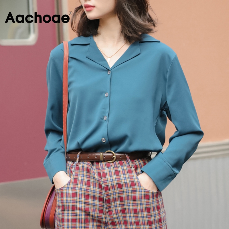 

Retro Notched Neck Solid Blouse Women Long Sleeve Basic Loose Shirt Female Pleated Fashion Ladies Office Tops Blusas Feminina, Blue
