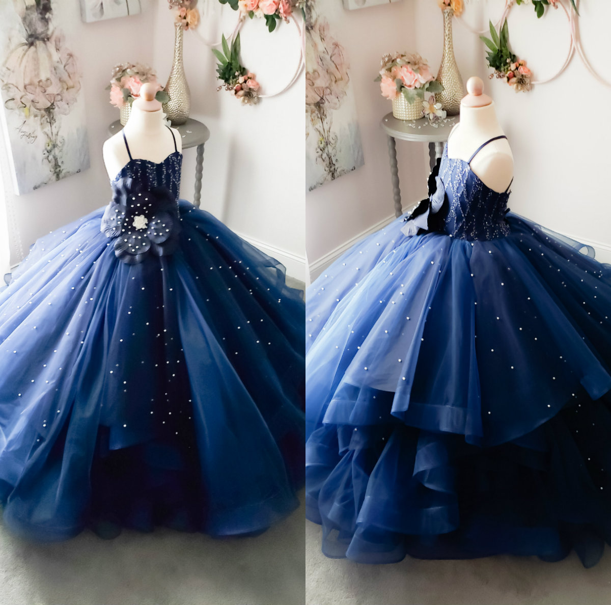 

2020 Navy Little Girls Pageant Dresses Lace Pearls Handmade Flower Ball Gown Flower Girl Dress for Wedding Party Gowns Princess Wear, Gold