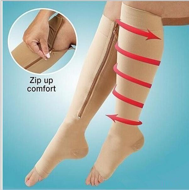 

Zip Sox Zip-Up Zippered Compression Knee Socks Supports Stockings Leg Open Toe Hot Shaper Black and Beige home compression socks