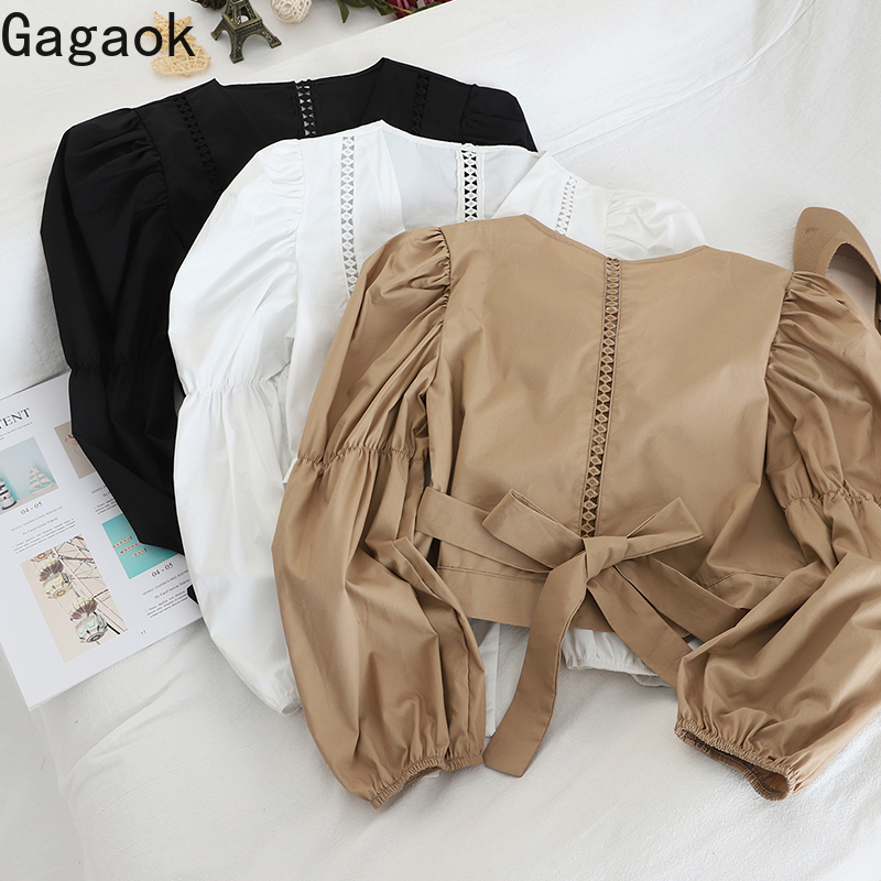 

Gagaok Women High Street Short Blouse Soring Autumn New Solid V-Neck Puff Sleeve Sashes Hollow Out Chic Female Fashion Shirts, Black