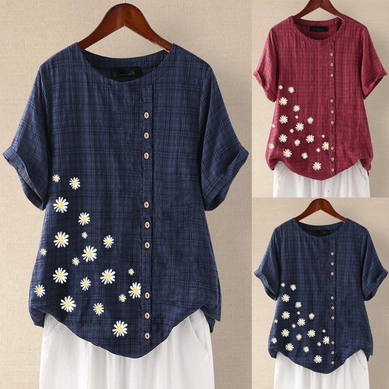 

High Quality Women Blouse 2020 New Daisy Floral Print Patched Short Sleeve O-Neck Shirt Top Blouse Blusa Feminina, Color d