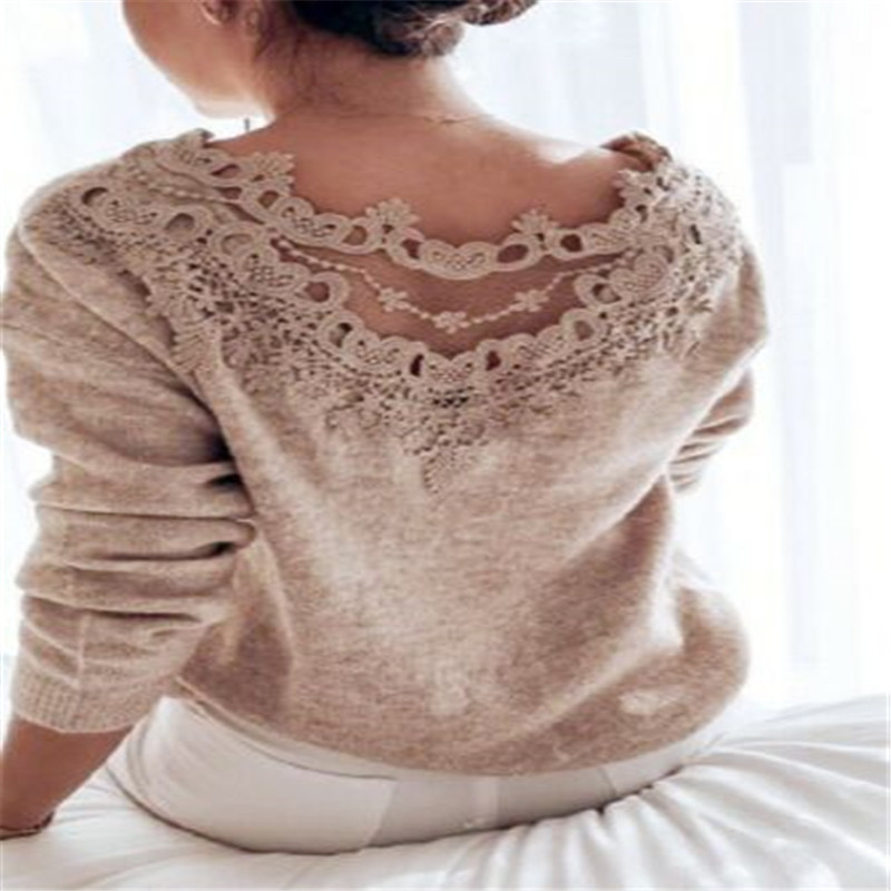

Autumn Womens Clothes Sweater Elegant Lace Stitching Backless Pullover Woman Sweater Long Sleeve Jumper Knitted Bodycon, Khaki