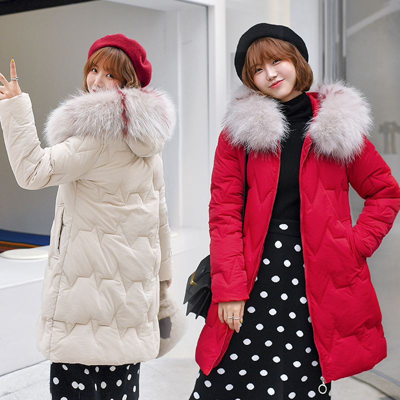 

Wholesale New Women's Winter Long Slim Large Fur Collar Down Cotton Jacket Size S-3XL, Creamy-white