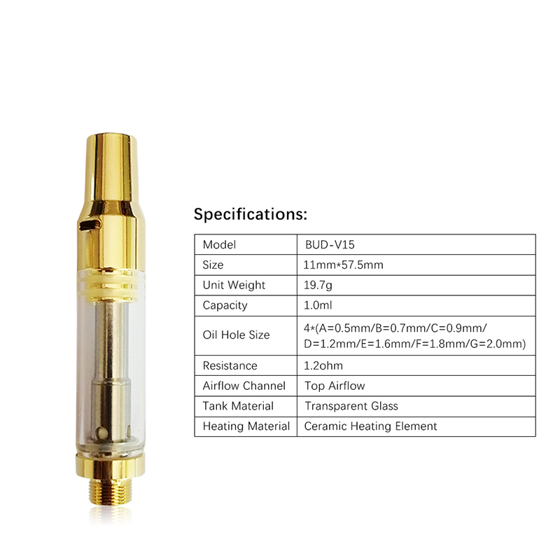 

100% Original Bud V15 carts 510 thread Cartridges gold V15 Cartridge e cigarettes TANK VS 92A3 vape tank DHL free shipping