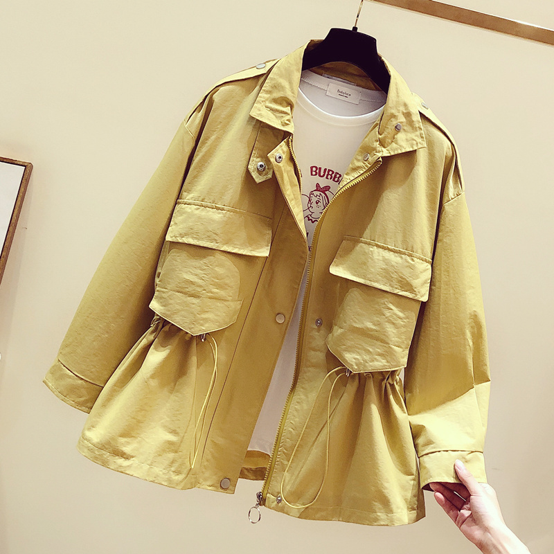 

Girls Mid-Long Drawstring Elastic Waist Candy Colors Orange Yellow Zipper Jacket Top With Pockets Turtleneck Loose Casual Coat, Color2