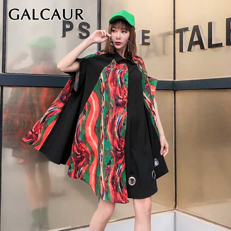 

CHICEVER Patchwork Print Hit Color Shirt Female Lapel Collar Batwing Short Sleeve Hollow Out Oversize Loose Dresses Women 2020, Black