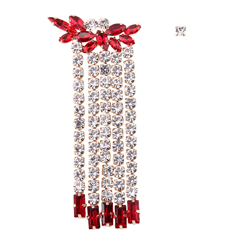 

Wholesale- popular fashion luxury designer exaggerated glittering full colorful rhinestone crystal asymmetry long tassel stud earring