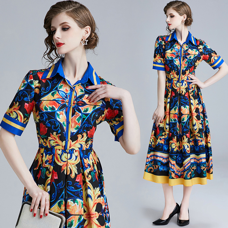

Top New Runway Women's Fashion Court-Style Baroque Floral Print Empire Waist Pleated Dresses Office Ladies Sexy Slim Party A-Line Maxi Dress, Blue