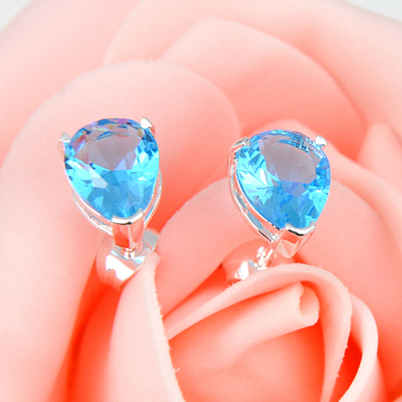 12 paires/1 Lot nouvelles femmes bijoux goutte d'eau bleue topaze pierres précieuses boucles d'oreilles 925 argent breloque en Zircon boucles d'o
