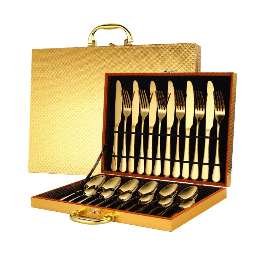 

24pcs Gold Dinnerware Set Stainless Steel Tableware Set Knife Fork Spoon Luxury Cutlery Set Gift Box Flatware Dishwasher Safe