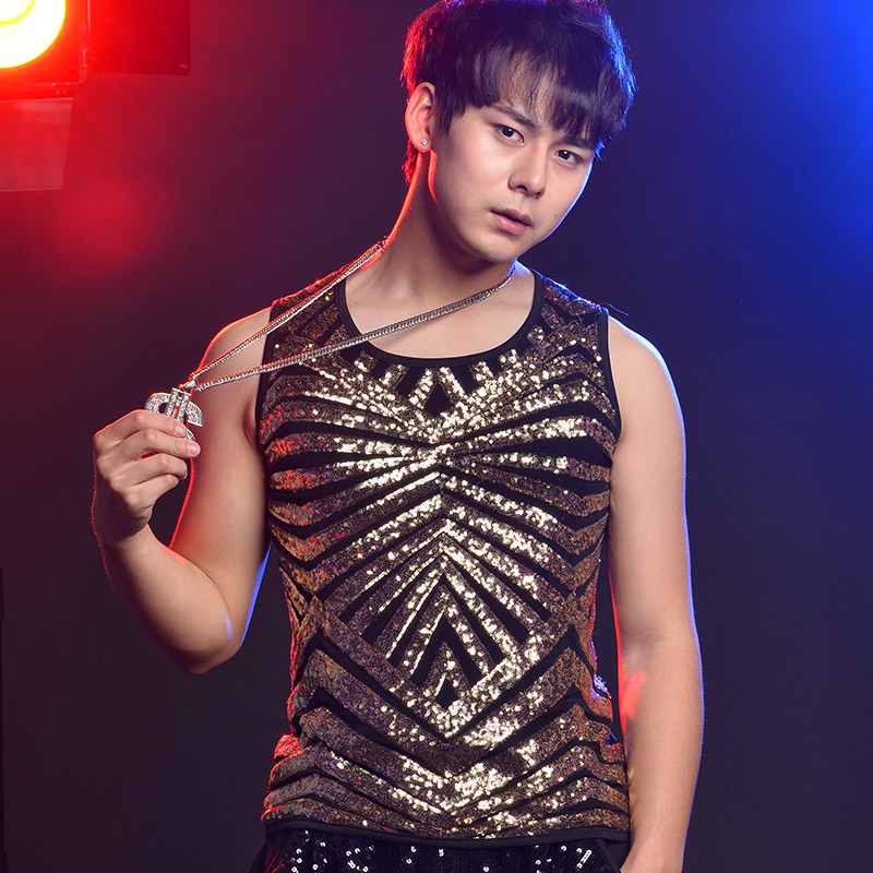 

Nightclub Man Dance Costume Singer Clothes Male Gold Sequined Vest Summer Club Punk Bar DJ Outfit Adult Hip Hop Clothing BL2076, Vest only