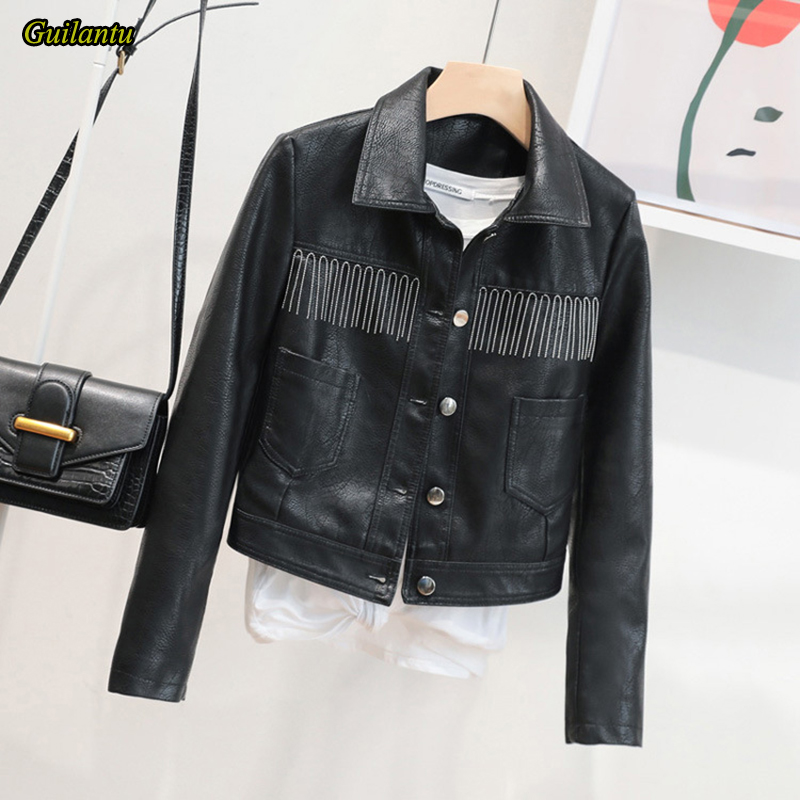 

Guilantu Ladies Faux Pu Leather Jacket Women Turn-down Collar Single Breasted Beading Streetwear Jacket Women Motorcycle Coat, Black