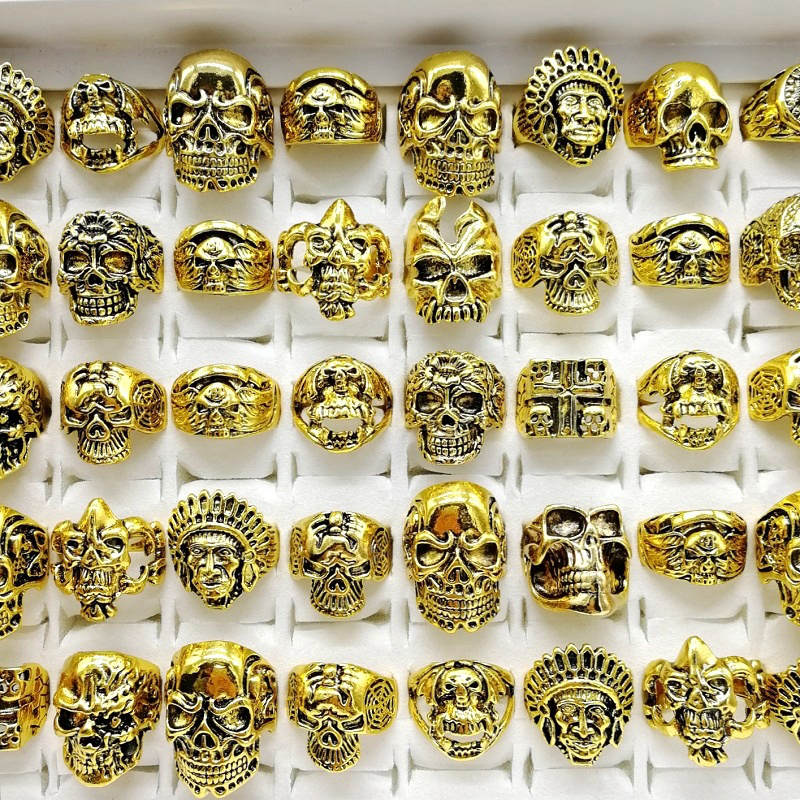 

Fashion Punk Style 50pcs/lot Skull Rings Mix Silver Gold Skeleton Big Sizes Men's Women Metal Jewelry party Gift