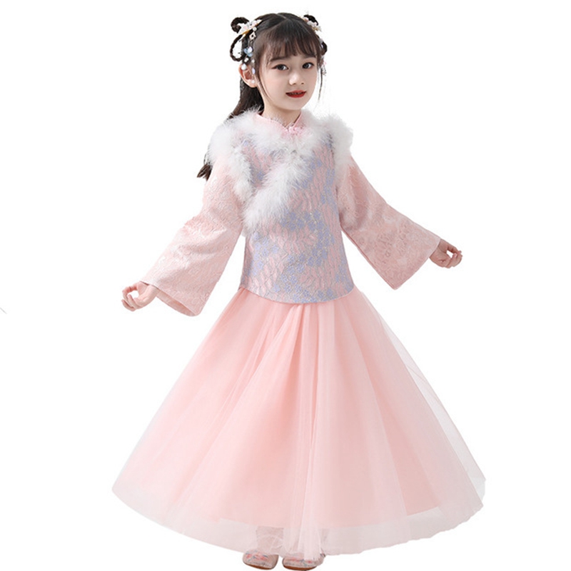 

Hanfu 2 piece suit (vest + dress) new suit thickening collar long sleeve cheongsam dress new year warm fur collar Hanfu skirt