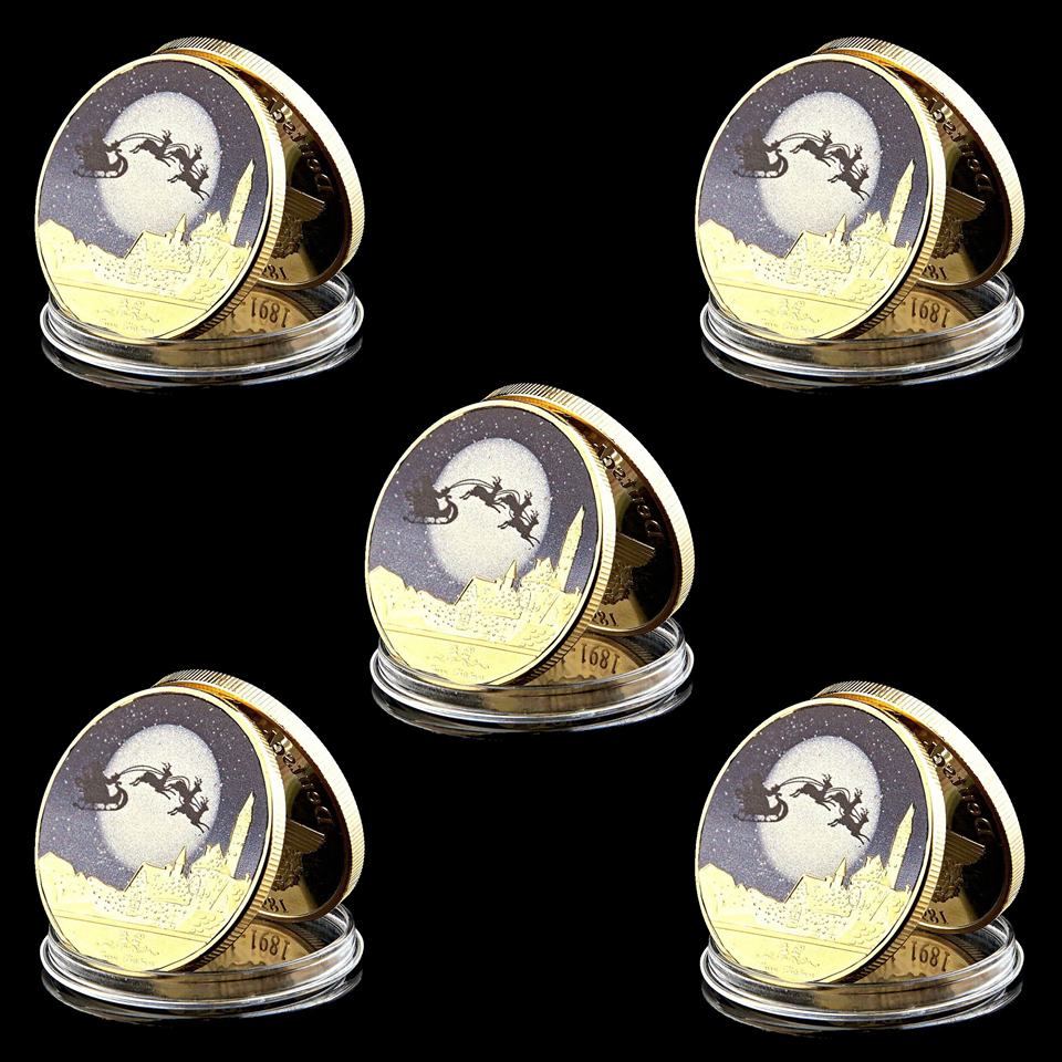 5pcs World Carnival Christmas Eve Santa And Elk Craft 1oz Gold Plated Souvenir Coin Collectible-image-521913209