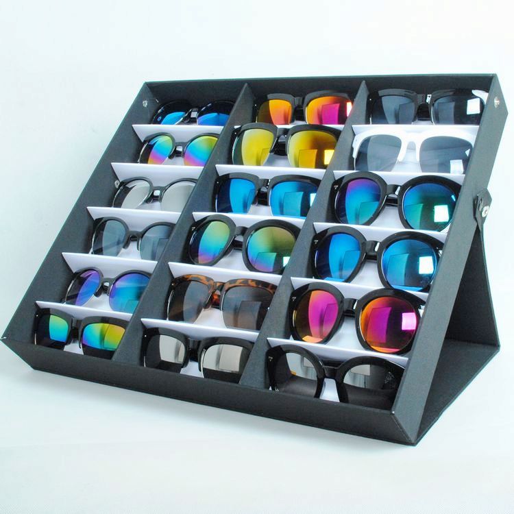 

Black 18 Checks Sunglasses Box Eyewear Organizer Display Case Collector Eyeglass Box Sunglasses Storage Holder, As pic