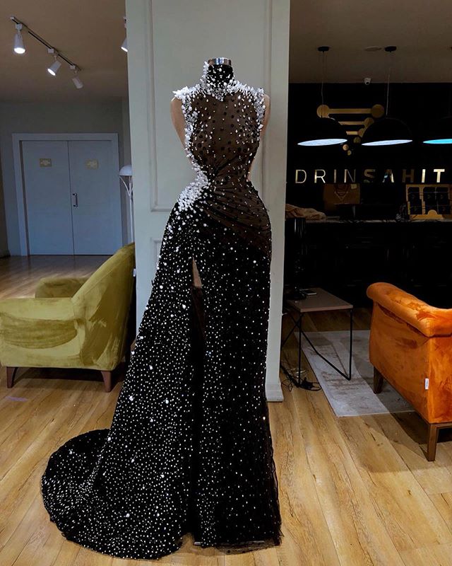 

2020 Side Split Mermaid Prom Dresses High Neck Sleeveless Appliques Beads Tulle Party Gowns Sweep Train Prom Gowns, Champagne