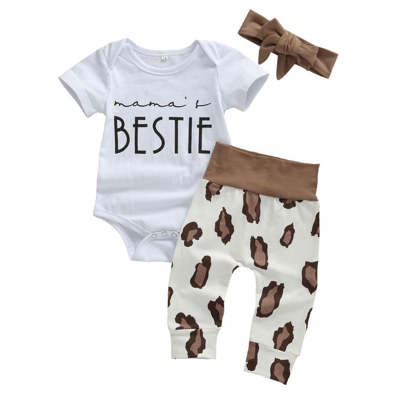 

0-18M Summer Lovely Infant Baby Girls Boys Clothes Sets 3pcs Letter Print Short Sleeve Romper Tops+Leopard Pants Headband New, As pic