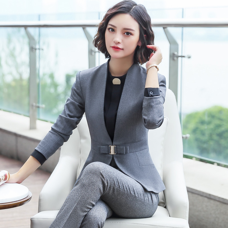 

IZICFLY autumn spring new 2 pcs Trouser and jacket gray suit women Work Wear Elegant Business ladies office pant blazer set, Black coat and pant