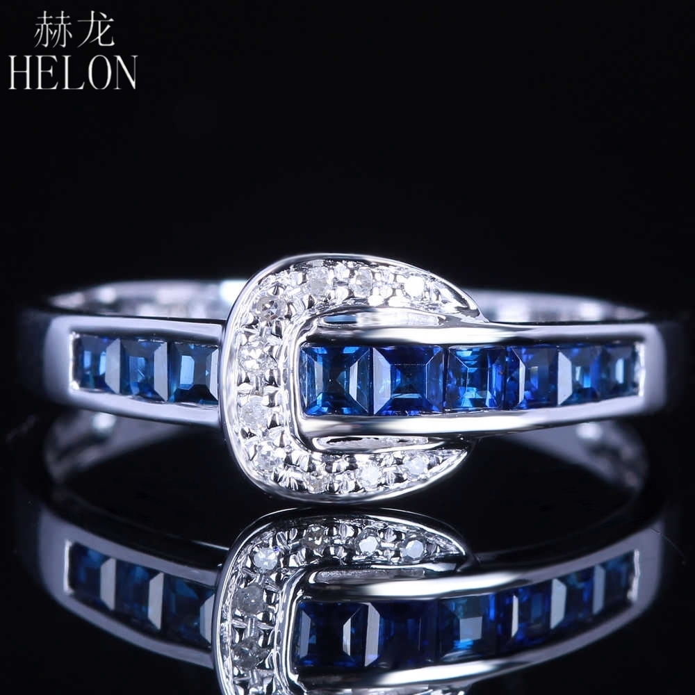 

HELON Solid 14k White Gold Natural Sapphires Diamonds Engagement Ring Women Gemstone Wedding Band Ring Elegant Fine Jewelry CJ191205