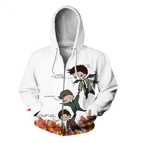 New Fashion Zipper Hoodies Supernatural Cas Dean and Sam 3D Print Zip-Up Hoodies Sweatshirt Men / Women Harajuku Outfits Tops