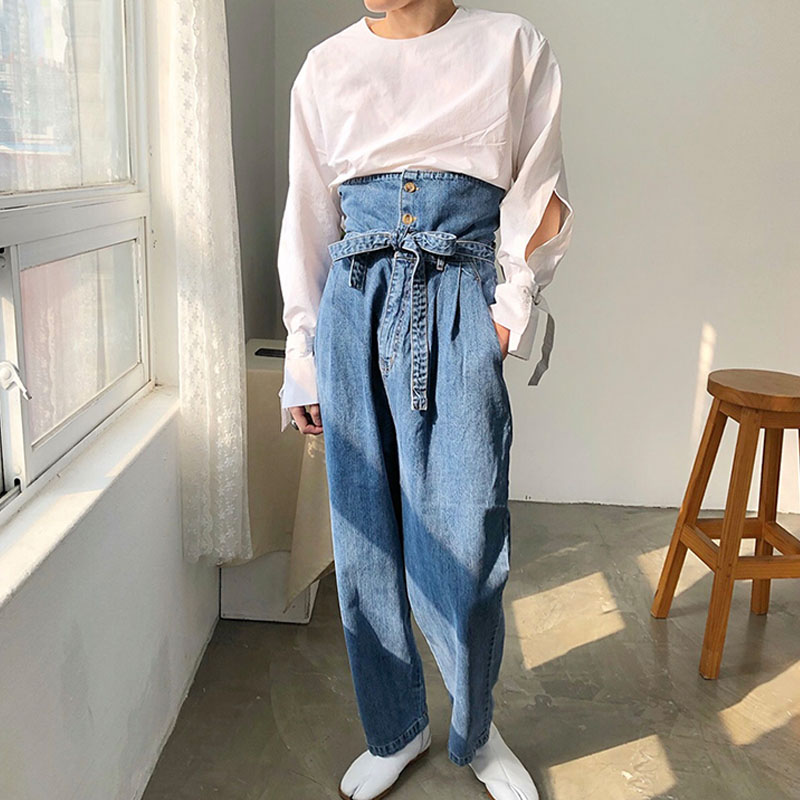 

Male Vintage Fashion Japan Korea Streetwear Hip Hop Denim Pants Jeans Men High Waist Belt Casual Loose Harem Jeans Long Trousers, Kk257