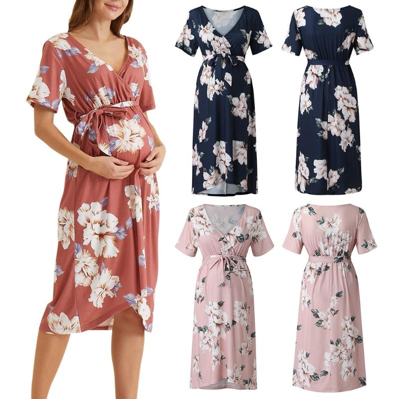 

Women Pregnant Dress Ladies Summer Fashion Casual Maternity Short Sleeve V-neck Floral Print Nursing Dress With Belt M140#, Ny