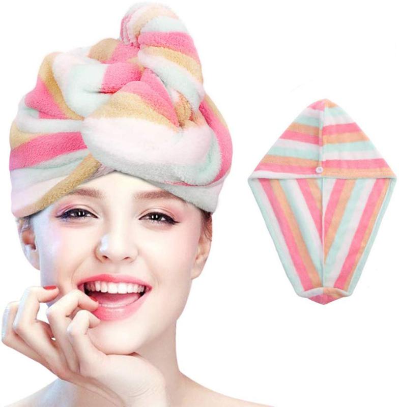 

Ladys Color Stripe Hair Towel Bathroom Hair Hat Rainbow Makeup Cosmetics Towels Head Wrap Hat Microfiber Towel