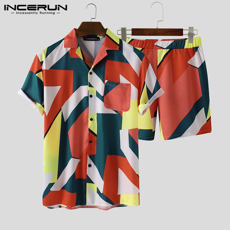 

INCERUN Summer Fashion Men Sets Printed Short Sleeve 2020 Lapel Shirt Casual Shorts Beach Men Hawaiian Suit 2 Pieces Streetwear, Black