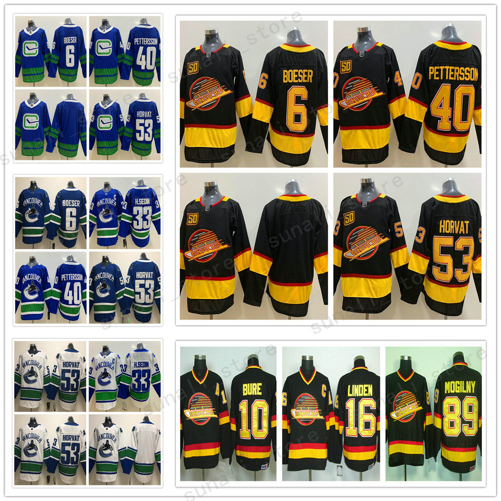 

Vancouver Canuck 40 Elias Pettersson 6 Brock Boeser 53 Bo Horvat 33 Henrik Sedin 10 Pavel Bure 89 Alexander Mogilny 16 Trevor Linden Jerseys, White