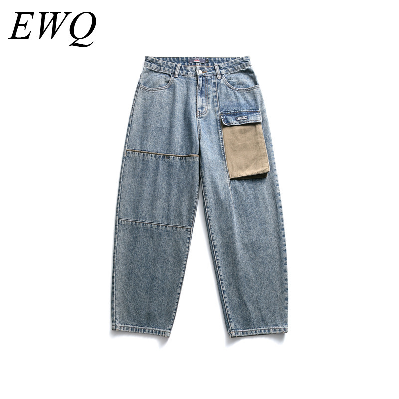 

EWQ / men's wear 2020 spring summer fashion new blue Jeans Tide Loose big Pocket Work Clothes Directly denim Trousers Male 9Y939, Light blue