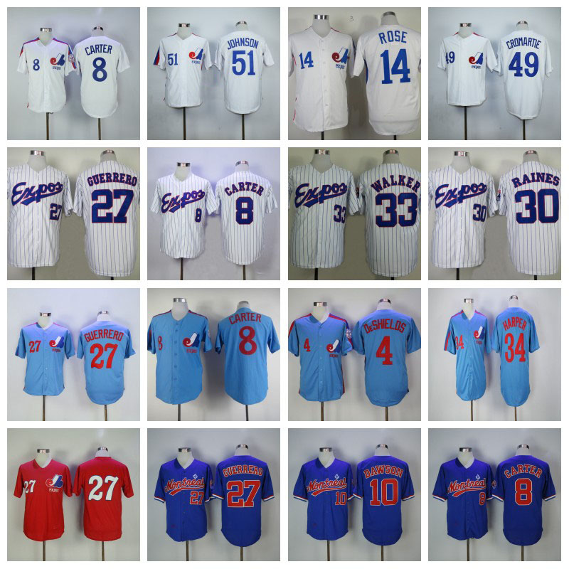 

8 Gary Carter Montreal Expos 10 Andre Dawson 27 Vladimir Guerrero 30 Tim Raines 45 Pedro Martinez 34 Harper 37 Steve Rodgers Jersey, White strips