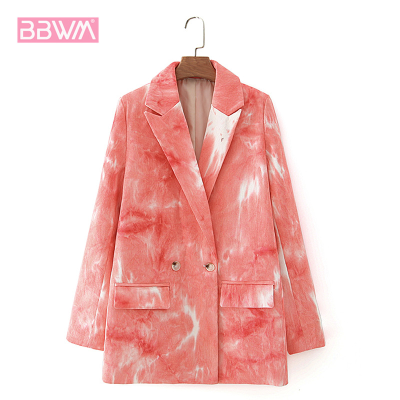 

2020 Autumn Women' New Long Sleeve Suit Lapel Slim Jacket Fashion Pink To Dye Printing Casual Suit Loose Coat Female, Green