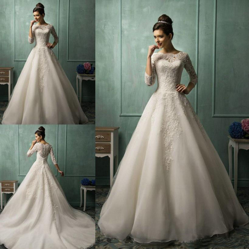 

2019 Vintage Wedding Dress Jewel Neck Lace Appliqued 3/4 Long Sleeves Country Wedding Dress Sweep Train A Line Beach Vestidos De Novia, Silver