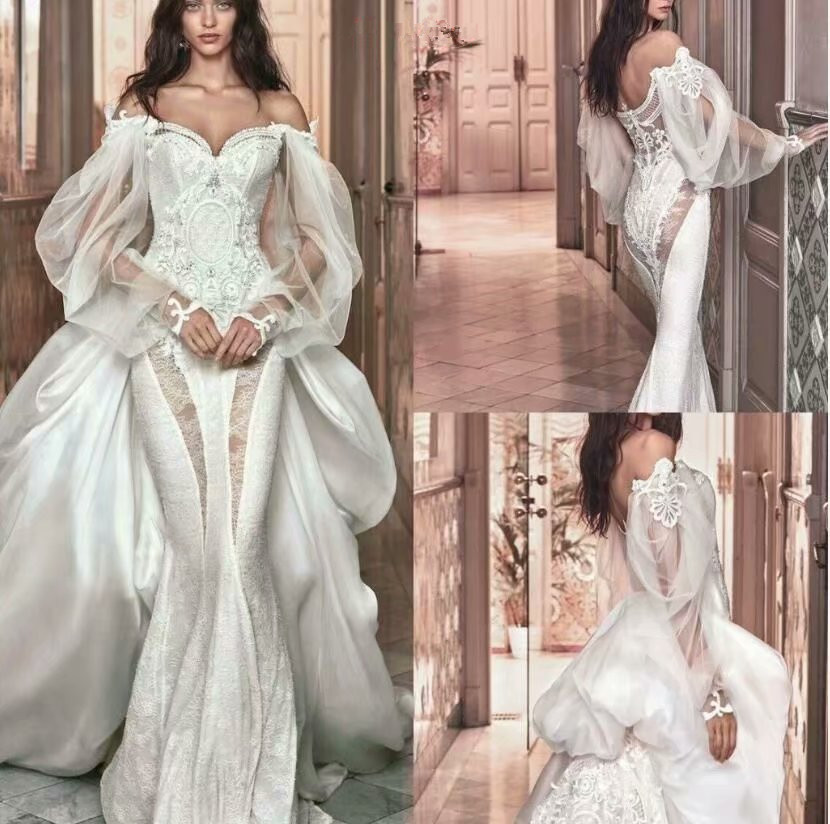

Gothic Long Sleeve Mermaid Wedding Dresses With Detachable Train Off The Shoulder Lace Bridal Gowns Beach Vintage Plus Size Wedding Dress, Champagne