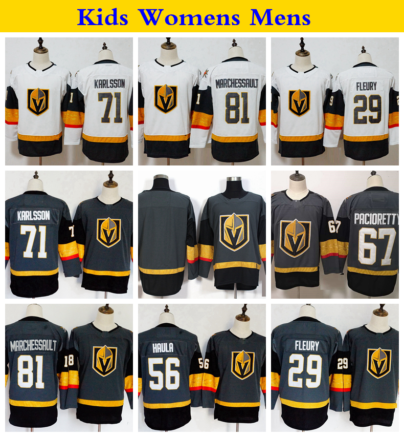 

2018 Youth Vegas Golden Knights 67 Max Pacioretty 29 Marc-Andre Fleury 81 Marchessault 71 Karlsson 56 Haula 88 Schmidt Kids Hockey Jerseys, White 71