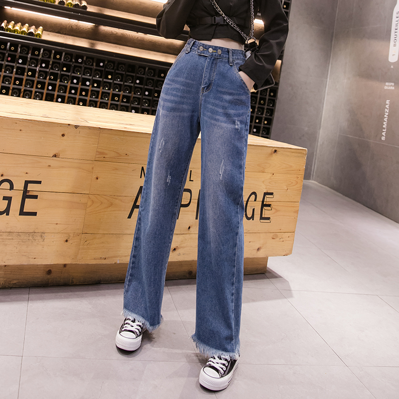 

Spring and summer 2020 jeans pants women's loose high waist straight tube burr large size women's 5832, Blue