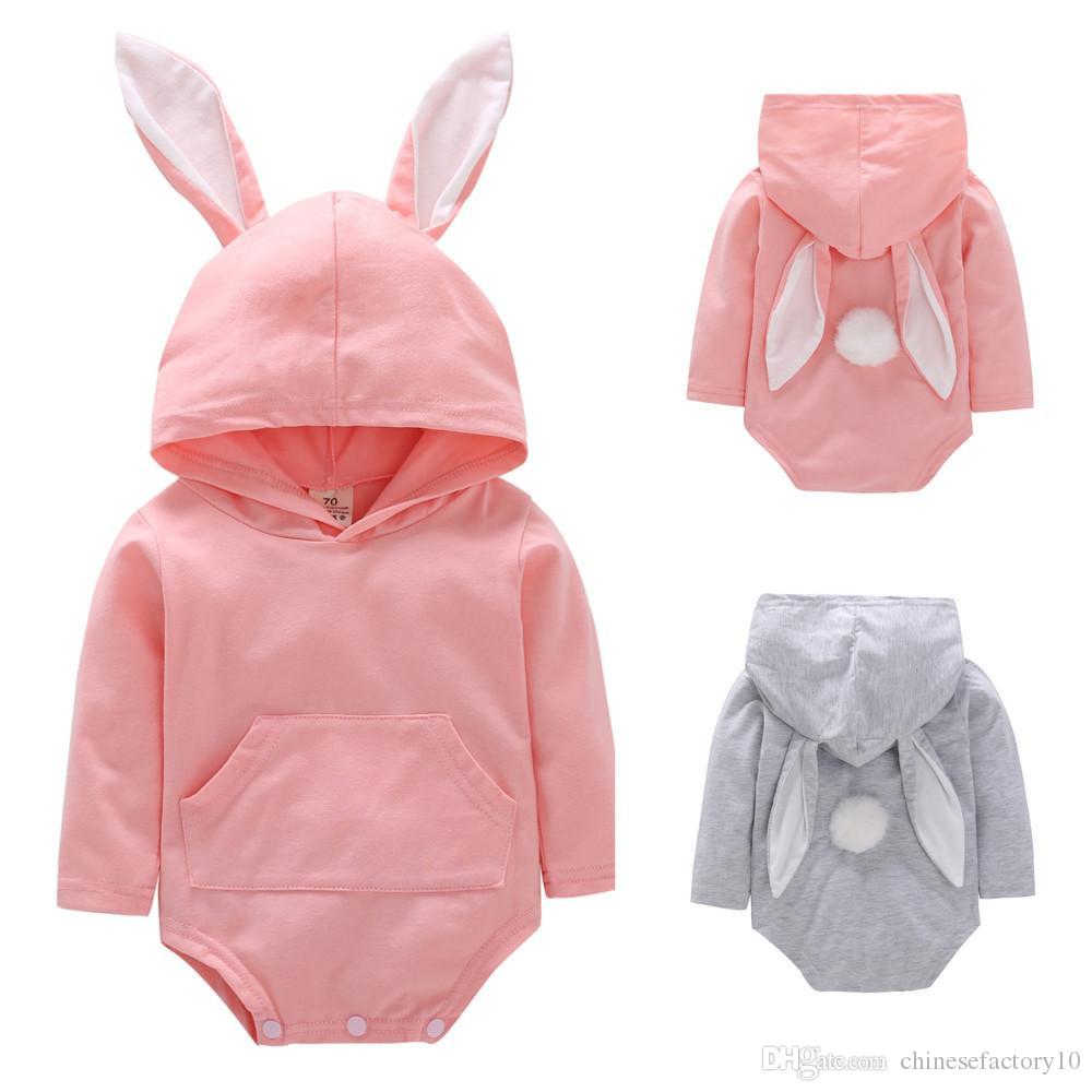 

INS Baby Rabbit Hooded Romper Bunny Ear Easter Jumpsuits Long Sleeves Toddler Rompers 100% Cotton, Gray