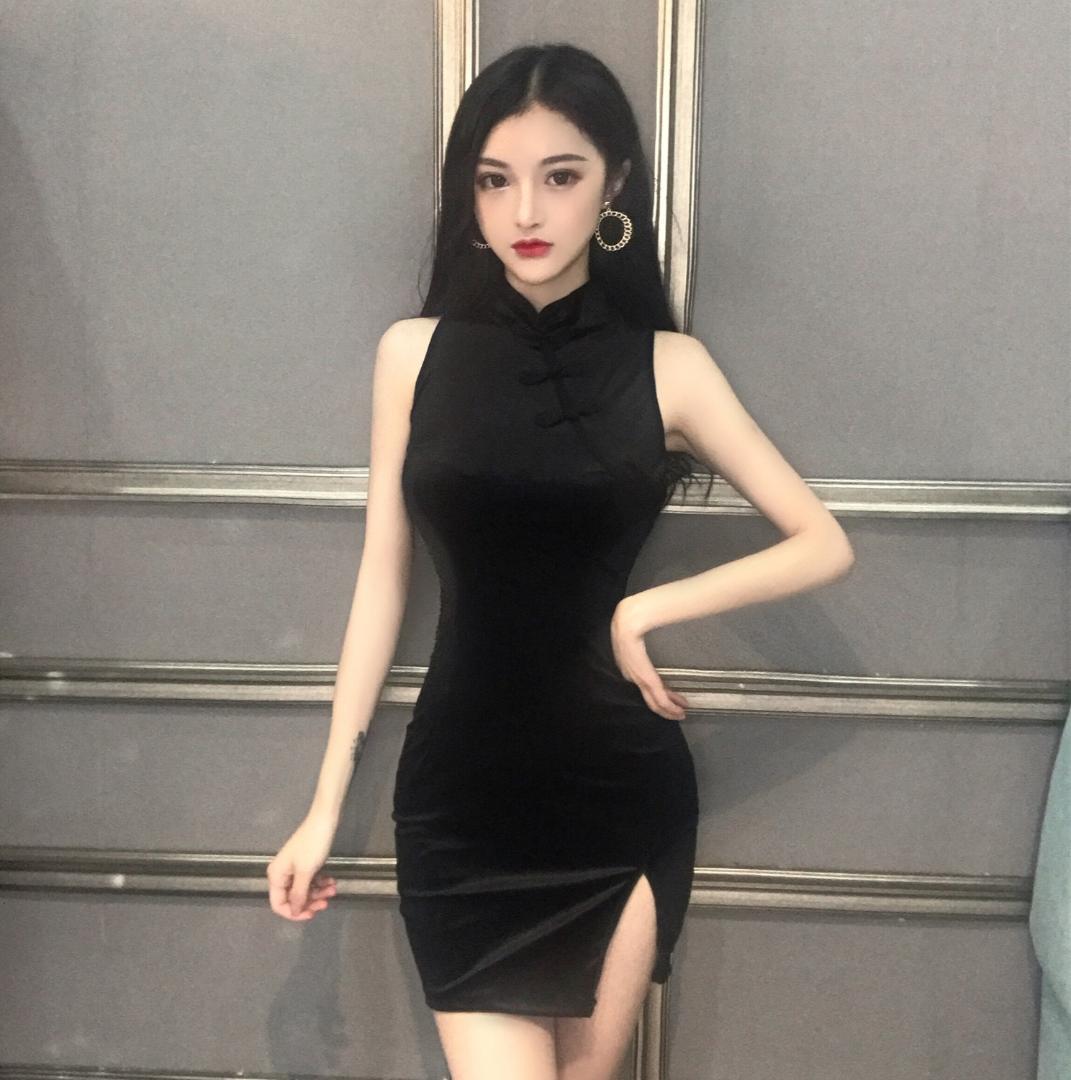 

2019 chinese party dress sexy nightclub suede bodycon cheongsam lingerie women sleeveless mandarin collar qipao