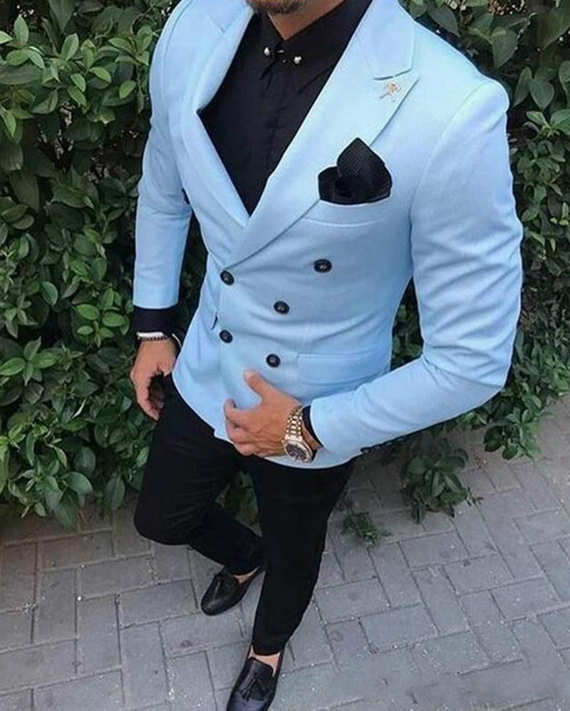 

New Fashion Blue Men Suit Double Breasted Groom Tuxedos Slim Fit Groomsmen Prom/Dinner Best Man Suits Two Pieces Wedding Wear(Jacket+Pants), Same as image