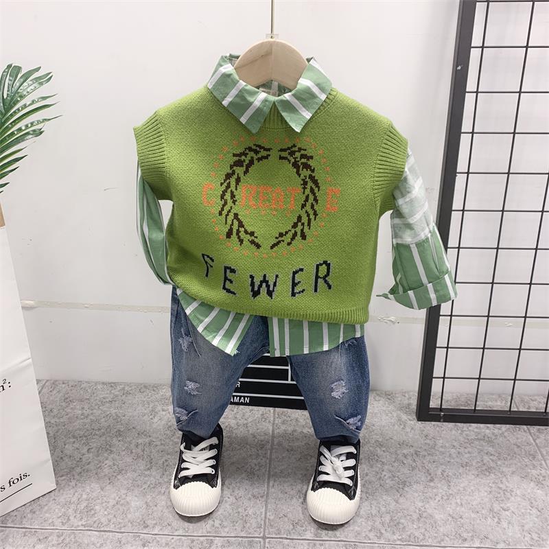 

Spring Autumn Children Boys Clothing Sets Cotton Kid Boys Clothes Sets 3Pcs Knitted vest + Shirt + Pants Toddler Clothes Suit, 3pcs set