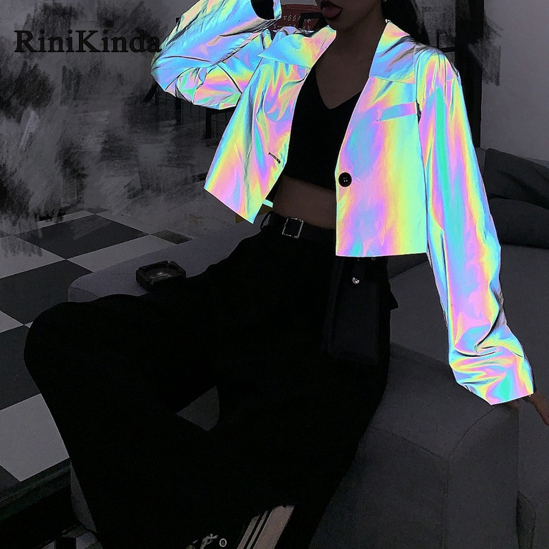 

RINIKINDA Bomber Jacket Women Full Sleeve Reflective Outwear Coat Women Autumn Short Ladies Jackets Female Jacket 2019, Gray jacket women