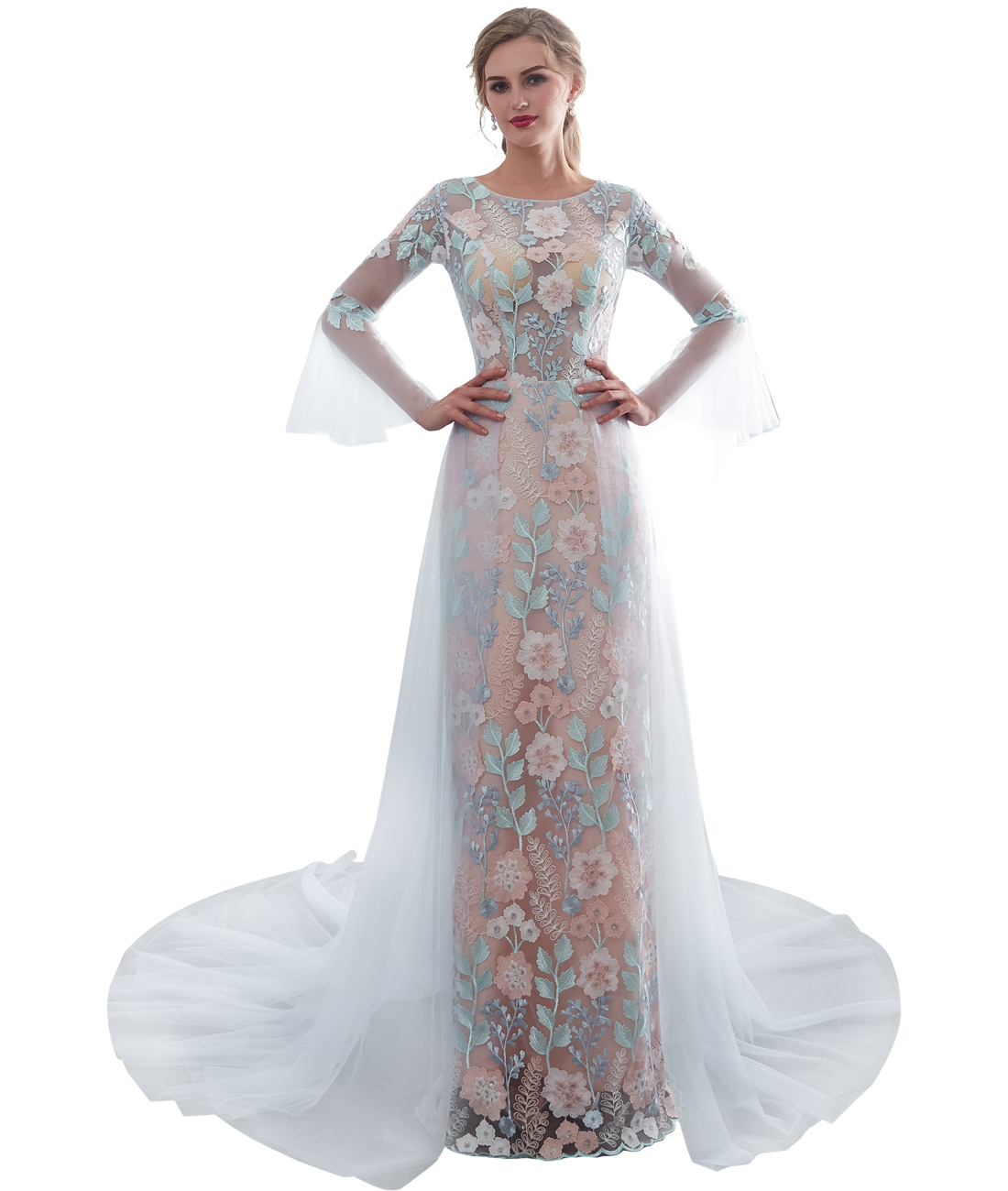 2021 New Unique Mermaid Evening Dresses 3D Flower Lace Long Sleeve Floor Length Formal Prom Evening Gowns-image-435406904