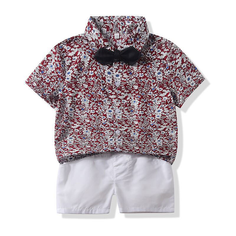 

Summer Baby Boys Clothes Casual Short Sleeve Floral Pattern T-shirt Tops Shorts With Bowknot Outfits Children Set