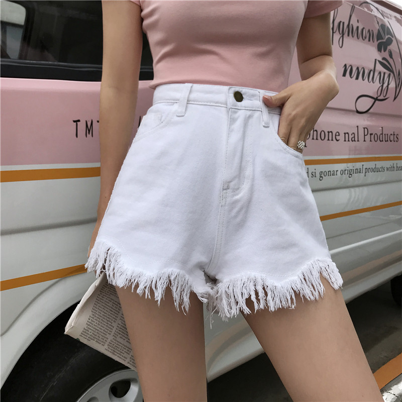

Streetwear Cool Girl Black Shorts Women Pockets White All-match Slim Tassel Denim Shorts Summer Korean Fashion High Waist