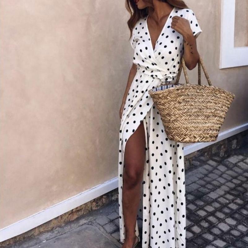 

Summer Women Beach Party Sexy Deep-V Polka Dot Slits Short Sleeve Maxi Dress, White