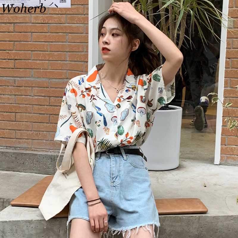 

Woherb Cartoon Printed Short Sleeve Blouse Turn Down Collar Loose Blouse Summer Harajuku Streetwear Korean Women Shirt Top Blusa, Picture color