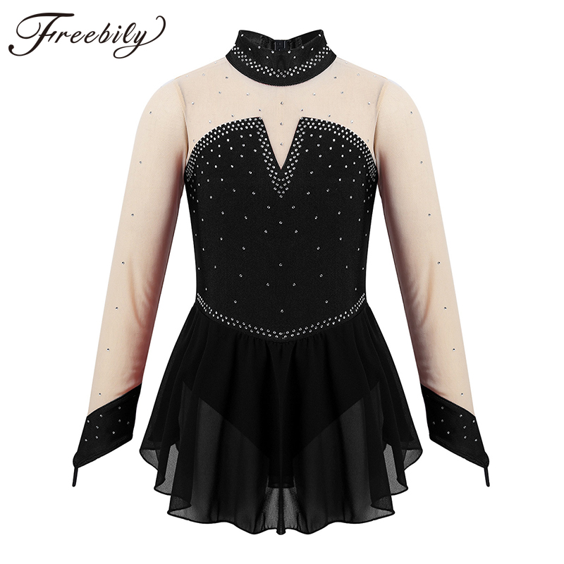

Girls Ballet Dress Kids Long Sleeves Sparkly Rhinestone Tulle Splice Figure Skating Dress Lyrical Contemporary Dance Costumes, Black