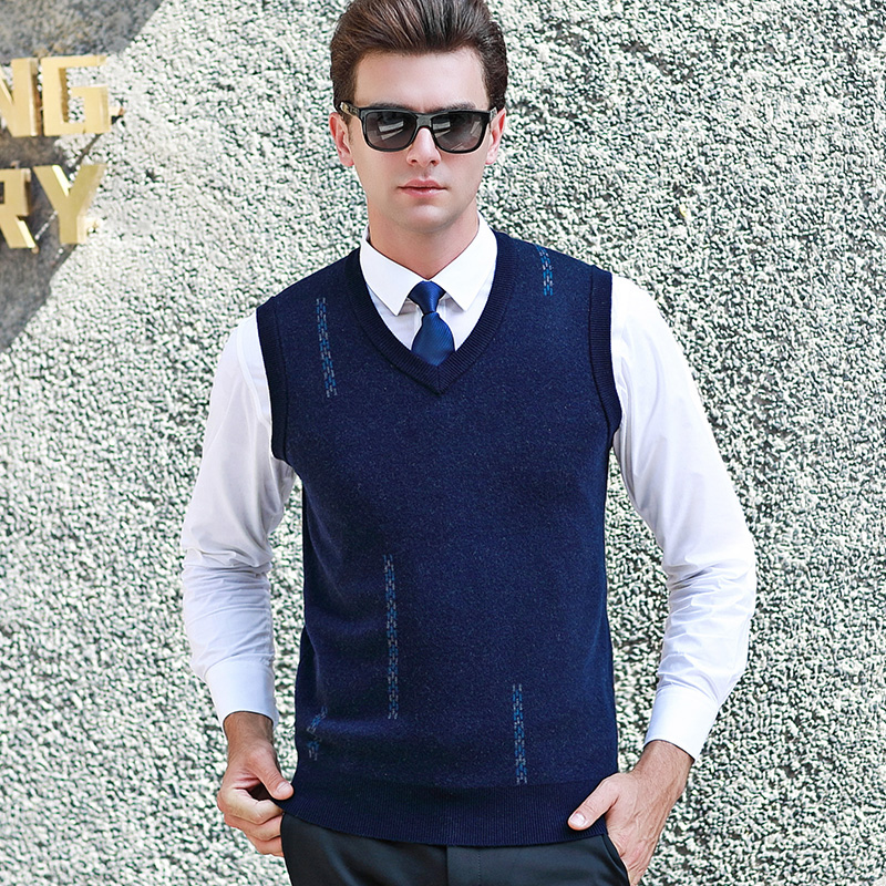 

New Men' Sweater Vest Fashion Smart Knitted 100% Wool Men Casual Sweater Vest Top Quality Business Casual Pullovers, Blue
